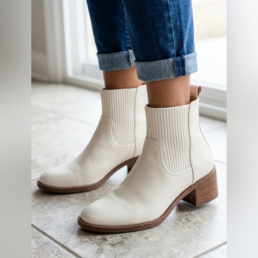 Cream Leather Block Heel Ankle Boots - Women